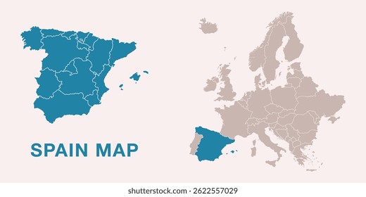Mapa de España con divisiones administrativas y posición destacada en el mapa de Europa. Aislado sobre fondo blanco. Ilustración vectorial.