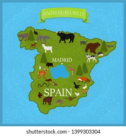 Map of Spain with animals and trees on a blue background
