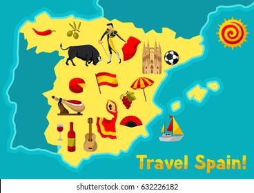 Map of Spain background design. Spanish traditional symbols and objects.