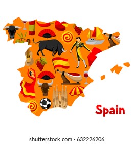 Map of Spain background design. Spanish traditional symbols and objects.