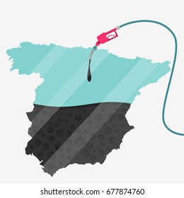 Map of Spain being fueled by oil. Gas pump fueled map. On the map there is glass reflection. Conceptual. Oil producing or importing countries.