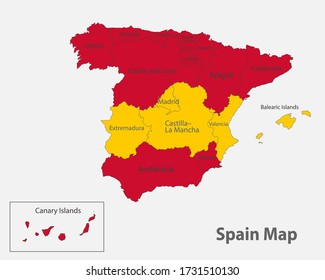 Map of the Spain in the colors of the flag with administrative divisions vector