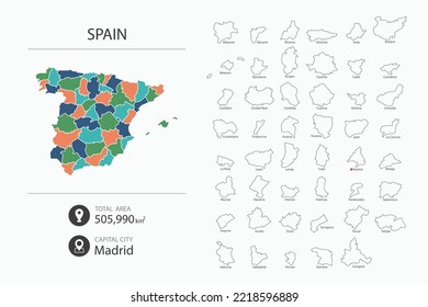 Map of Spain with detailed country map. Map elements of cities, total areas and capital.