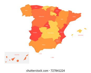 Map of Spain devided to 17 administrative autonomous communities. Simple flat vector map in shades of orange.