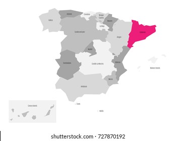 Map of Spain devided to 17 administrative autonomous communities with pink highlighted Catalonia region. Simple flat vector map in shades of grey.