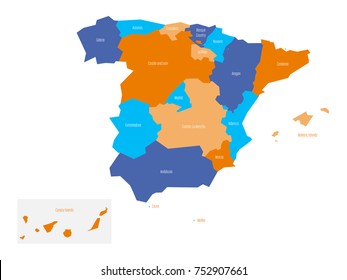 Map of Spain devided to administrative autonomous communities. Simple flat vector map.