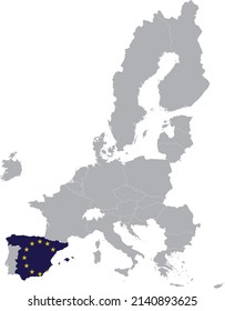 Map of Spain with European union flag within the gray map of European Union countries
