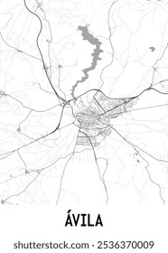 Map of Ávila, Spain. The map features a network of roads and streets, with a prominent river or stream flowing through the city.