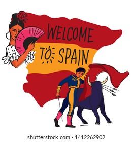 Map of Spain with flag colors and symbols of flmenco and bullfighting hand-drawn on a white background for a poster or banner for the site. Vector illustration