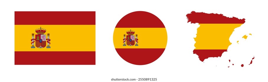 Mapa da Espanha e bandeira. Bandeira redonda da Espanha. Vetor faz fronteira com o país.