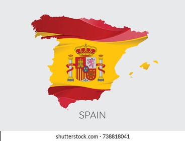 Map Of Spain With Flag As Texture Isolated On Grey Background. Vector Illustration