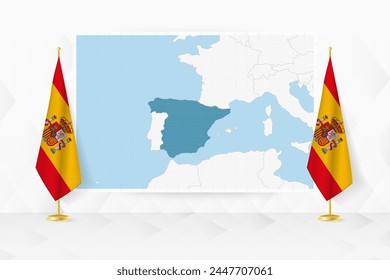 Mapa de España y banderas de España en el stand de la bandera. Ilustración vectorial para la reunión de diplomacia.