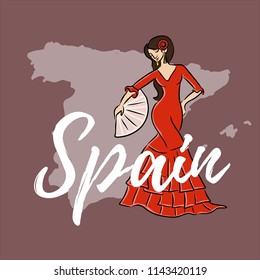 map of spain flat  with flamenko dancing woman