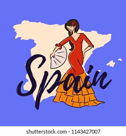 map of spain flat with flamenko dancing woman
