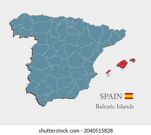 Map Spain - high detailed illustration map divided on states. Country Spain isolated on white background. Vector template region Balearic Islands for website, pattern, infographic