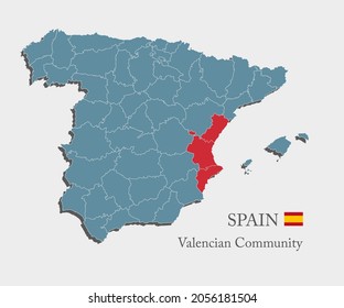 Map Spain - high detailed illustration map divided on states. Country Spain isolated on white background. Vector template region Community Valencia for website, pattern, infographic