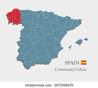 Map Spain - mapa de ilustraciones detalladas de alto nivel dividido en estados. País de España aislado de fondo blanco. Región de plantilla de vectores Comunidad de Galicia para sitio web, patrón, infografía