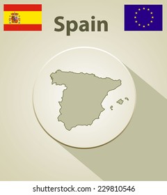 Map of the Spain Including: flag of Spain And European Union.