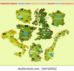 Map of Spain, Italy, France, Norway, Great Britain, Germany with animals and plants on a light background