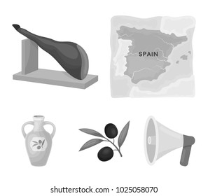 Map of Spain, jamon national dish, olives on a branch, olive oil in a bottle. Spain country set collection icons in monochrome style vector symbol stock illustration web.