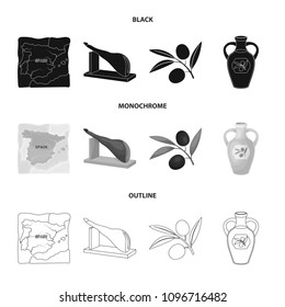 Map of Spain, jamon national dish, olives on a branch, olive oil in a bottle. Spain country set collection icons in black,monochrome,outline style vector symbol stock illustration web.
