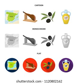 Map of Spain, jamon national dish, olives on a branch, olive oil in a bottle. Spain country set collection icons in cartoon,flat,monochrome style vector symbol stock illustration web.