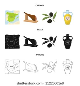 Map of Spain, jamon national dish, olives on a branch, olive oil in a bottle. Spain country set collection icons in cartoon,black,outline style vector symbol stock illustration web.