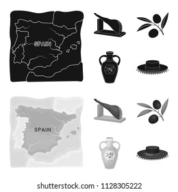 Map of Spain, jamon national dish, olives on a branch, olive oil in a bottle. Spain country set collection icons in black,monochrome style vector symbol stock illustration web.