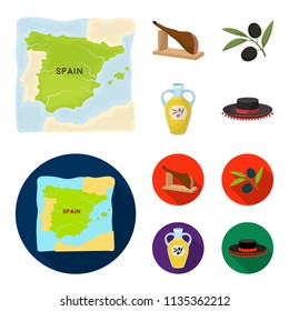 Map of Spain, jamon national dish, olives on a branch, olive oil in a bottle. Spain country set collection icons in cartoon,flat style vector symbol stock illustration web.