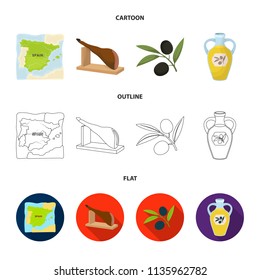 Map of Spain, jamon national dish, olives on a branch, olive oil in a bottle. Spain country set collection icons in cartoon,outline,flat style vector symbol stock illustration web.