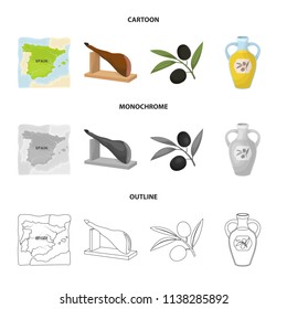 Map of Spain, jamon national dish, olives on a branch, olive oil in a bottle. Spain country set collection icons in cartoon,outline,monochrome style vector symbol stock illustration web.