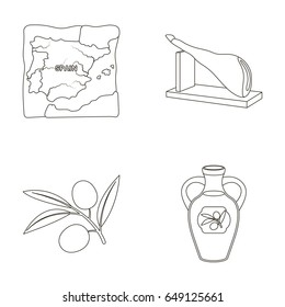 Map of Spain, Jamon national dish, olives on a branch, olive oil in a bottle. Spain country set collection icons in outline style vector symbol stock illustration web.