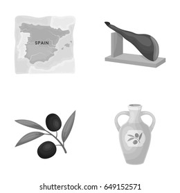 Map of Spain, jamon national dish, olives on a branch, olive oil in a bottle. Spain country set collection icons in monochrome style vector symbol stock illustration web.