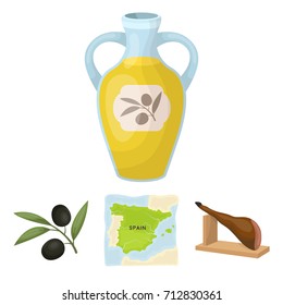 Map of Spain, jamon national dish, olives on a branch, olive oil in a bottle. Spain country set collection icons in cartoon style vector symbol stock illustration web.