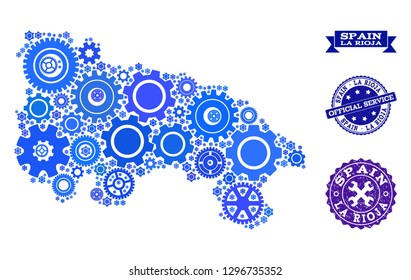 Map of Spain - La Rioja created with blue cog symbols, and isolated grunge seals for official repair services. Vector abstract collage of map of Spain - La Rioja with industry symbols in blue hues.