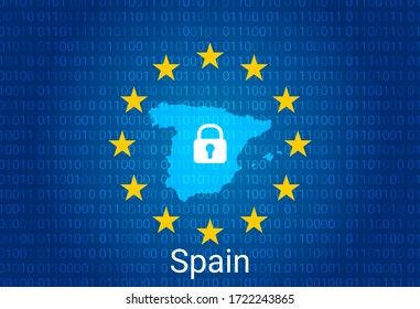 Map of Spain, with lock and binary code background. europe union internet blocking, virus attack, privacy protect. vector illustration