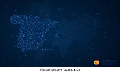 Karte von Spanien modernes Design mit polygonalen Formen auf dunkelblauem Hintergrund. Business Wireframe Maschendraht Kugeln aus fliegenden Trümmern. Blaues strukturähnliches Vektorgrafik-Konzept.