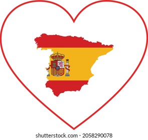 Map of Spain with national flag inside white heart shape with red stroke