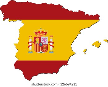 Map of Spain with national flag isolated on white background