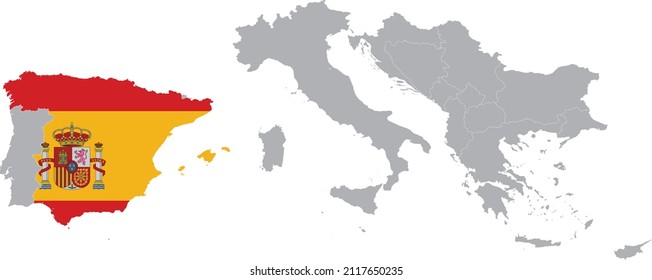 Karte Spaniens mit nationaler Flagge auf der grauen Karte Südeuropas
