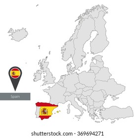 Map of Spain with an official flag. Location in Europe
