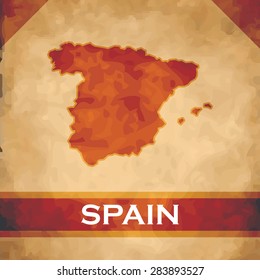 The map of Spain on parchment with dark red ribbons