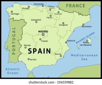 Map of Spain. Outline illustration country map with main cities in autonomous communities.