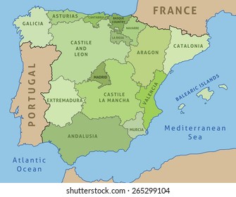 Map of Spain. Outline illustration country map autonomous communities.