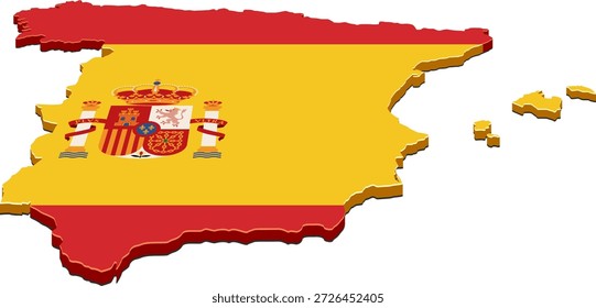 Mapa de España pintado con los colores de la bandera nacional. Vista de Perspectiva de las fronteras del país. (cortado)