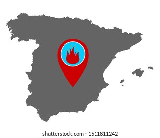 Map of Spain and pin with fire warning