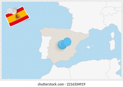 Map of Spain with a pinned blue pin. Pinned flag of Spain, vector illustration.