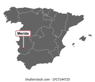 Map of Spain with place name sign of Merida