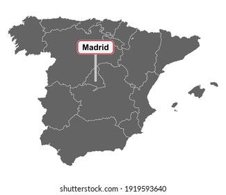 Map of Spain with place name sign of Madrid