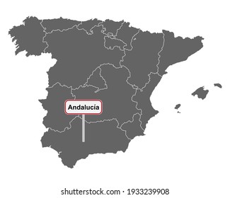 Map of Spain with place name sign of Andalucia